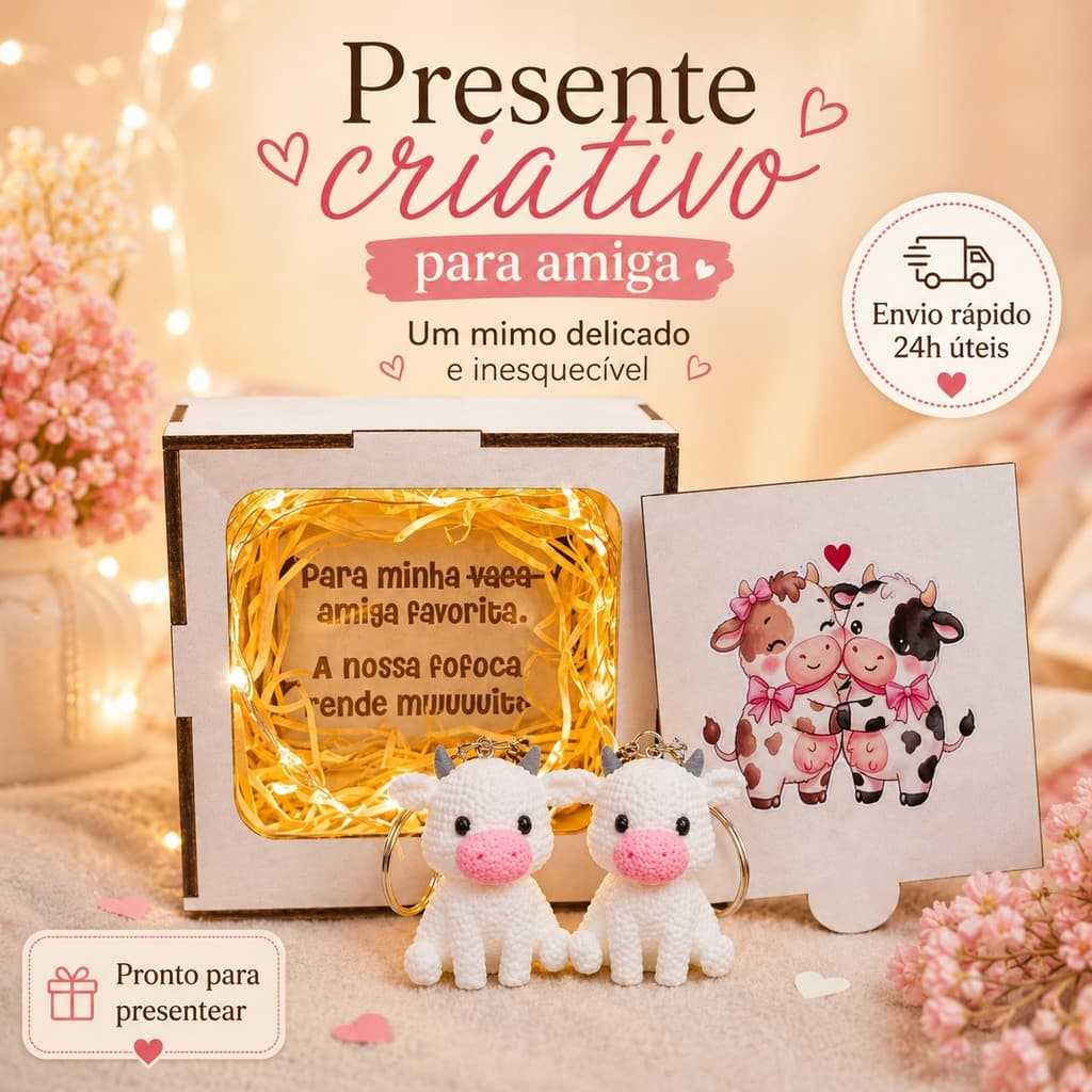 Presente para Amiga Kit Vaquinha com Caixa MDF e 2 Chaveiros Aniversário Amizade
