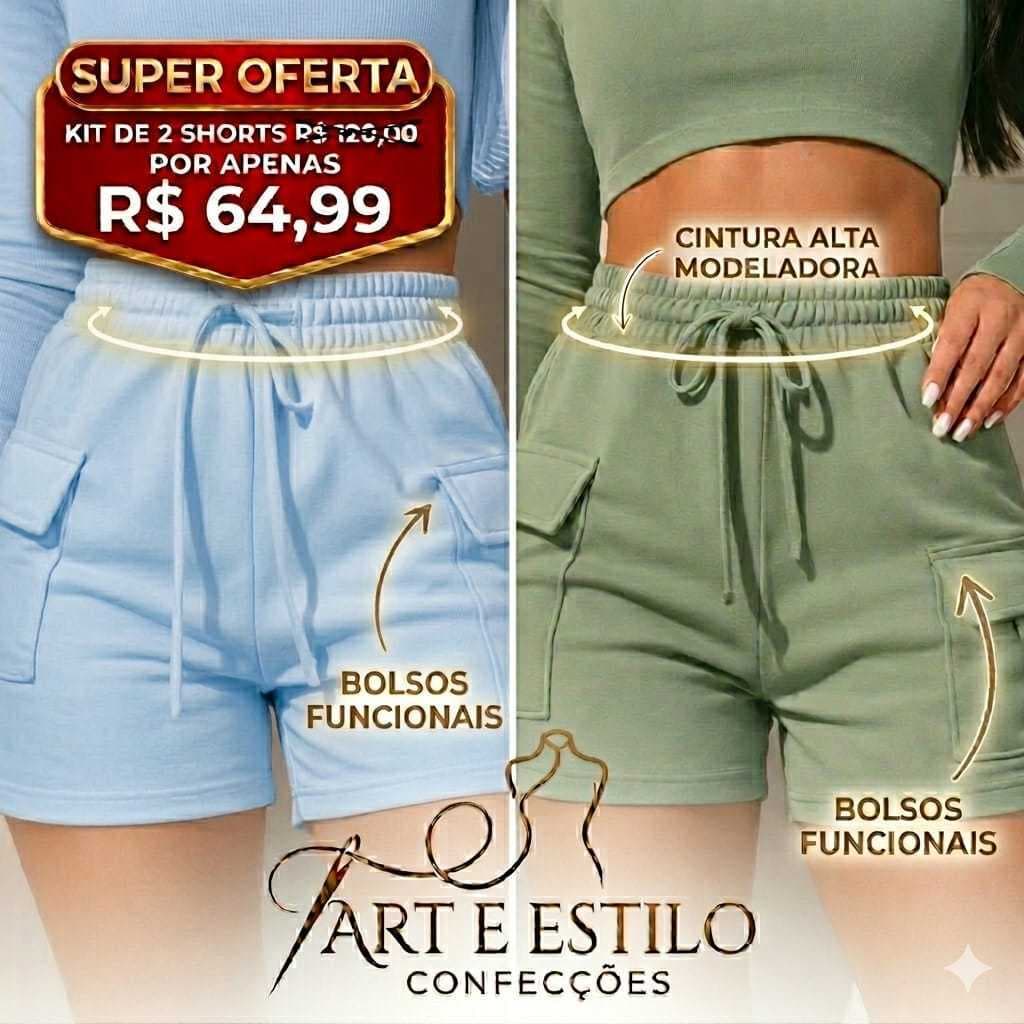 Kit 2 Peças Short Cargo Feminino Moletom Moletinho Shortinho Soltinho Confortável Algodão ENVIO IMEDIATO!!!