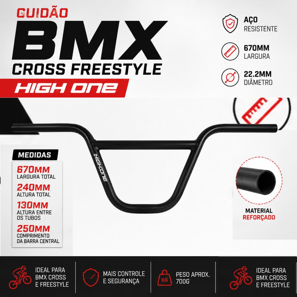 Guidão BMX High One Cross Freestyle 670mm Aço 22.2mm Preto Reforçado Manobra Bike Pista Urbano