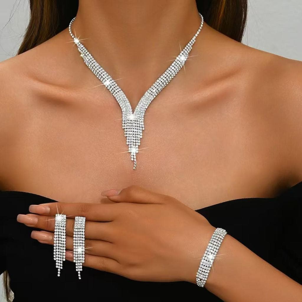 Design sentimento cheio de diamante Super piscando borla colar brincos pulseira moda conjunto de jóias