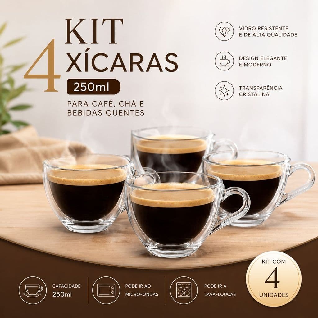 Jogo 4 Xícaras 200Ml Vidro Chá Café Cappuccino Transparente