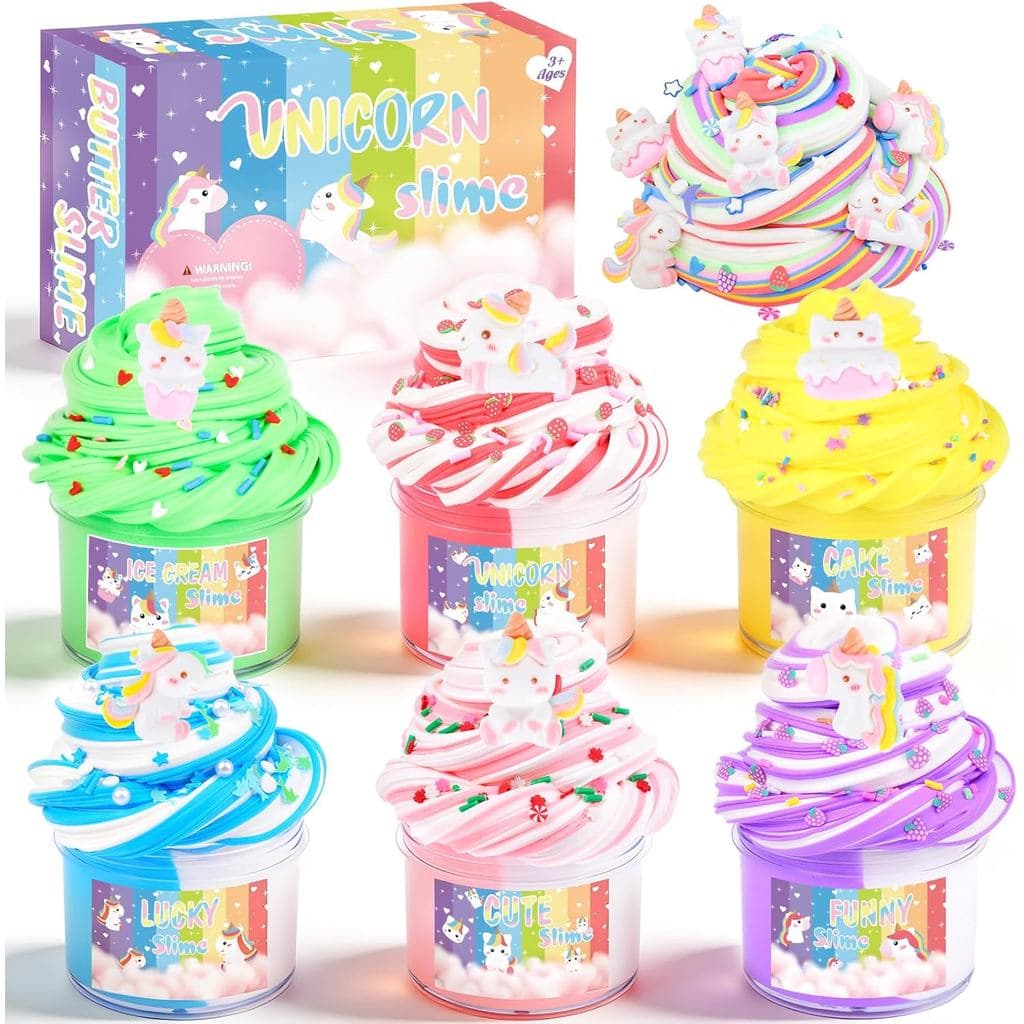 Kit de Slime de Manteiga Unicórnio 6 Peças - Adereços Encantadores e Acessórios para Slime, Brinquedos Macios e Não Pega
