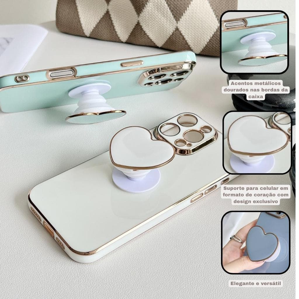 Suporte Pop Socket para Celular Coração, Borda Dourada, Cores Macaron, Retrátil e Adesivo