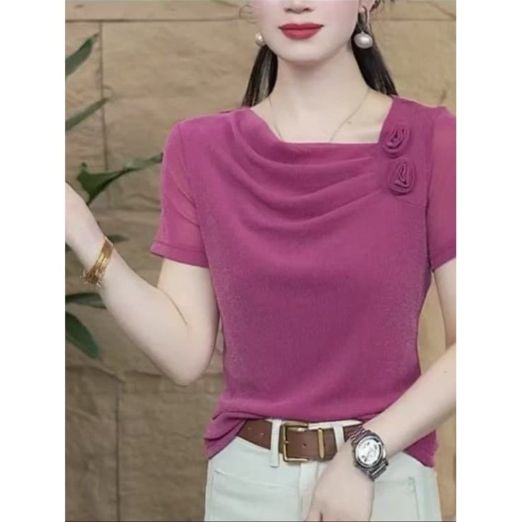 Camiseta de manga curta estilo ocidental para mulheres de meia-idade com gaze líquida elástica camisa pequena roupas de