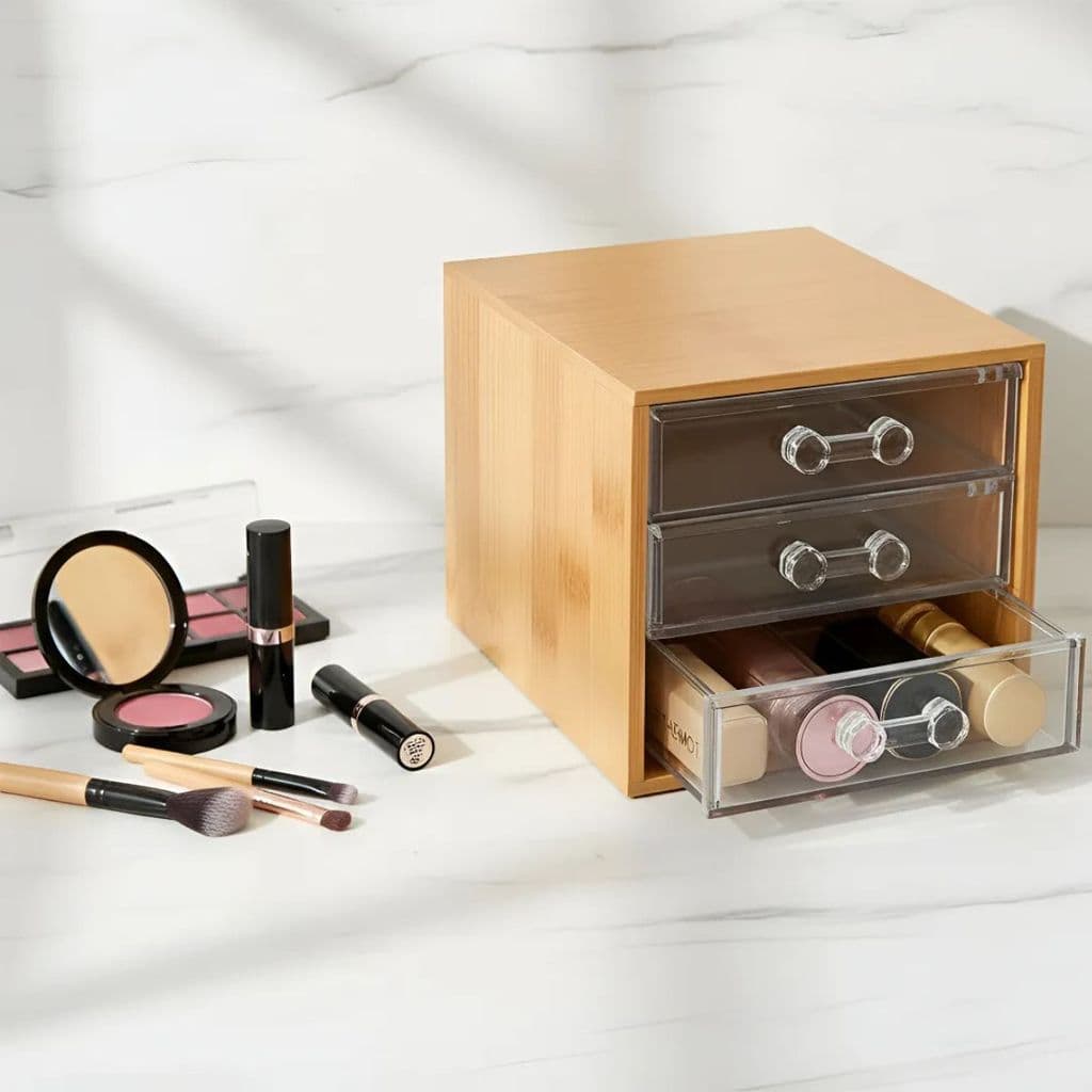 Organizador de Maquiagem e Cosmeticos Joias de Bambu E Acrilico 3 Gavetas