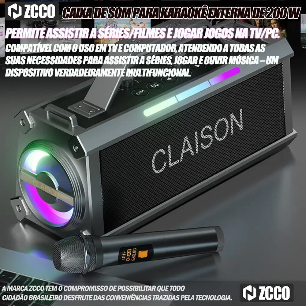 Caixa de Som Bluetooth Karaokê com 2 Microfones Sem Fio, Efeitos de Voz, Luz RGB Portátil Recarregável USB