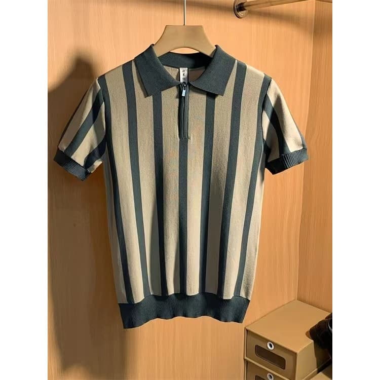 Verão de manga curta listrado camisola masculina gelo seda contraste cor lapela Casual camiseta solta na moda All-Match