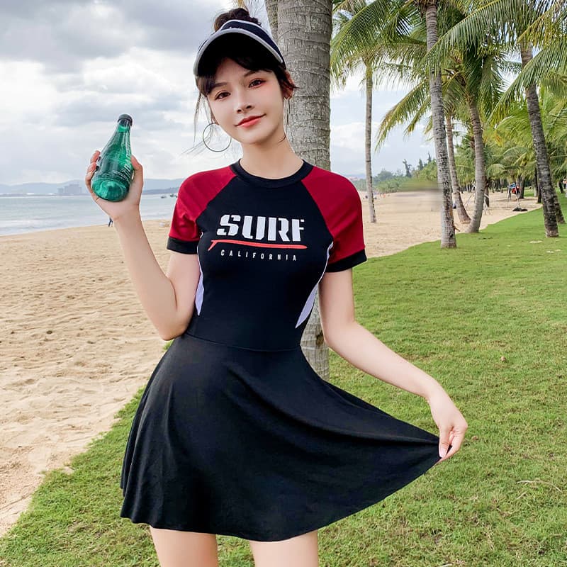 Primavera quente maiô feminino de uma peça estilo esportivo cor sólida conservador Boxer saia maiô mais magro olhar capa