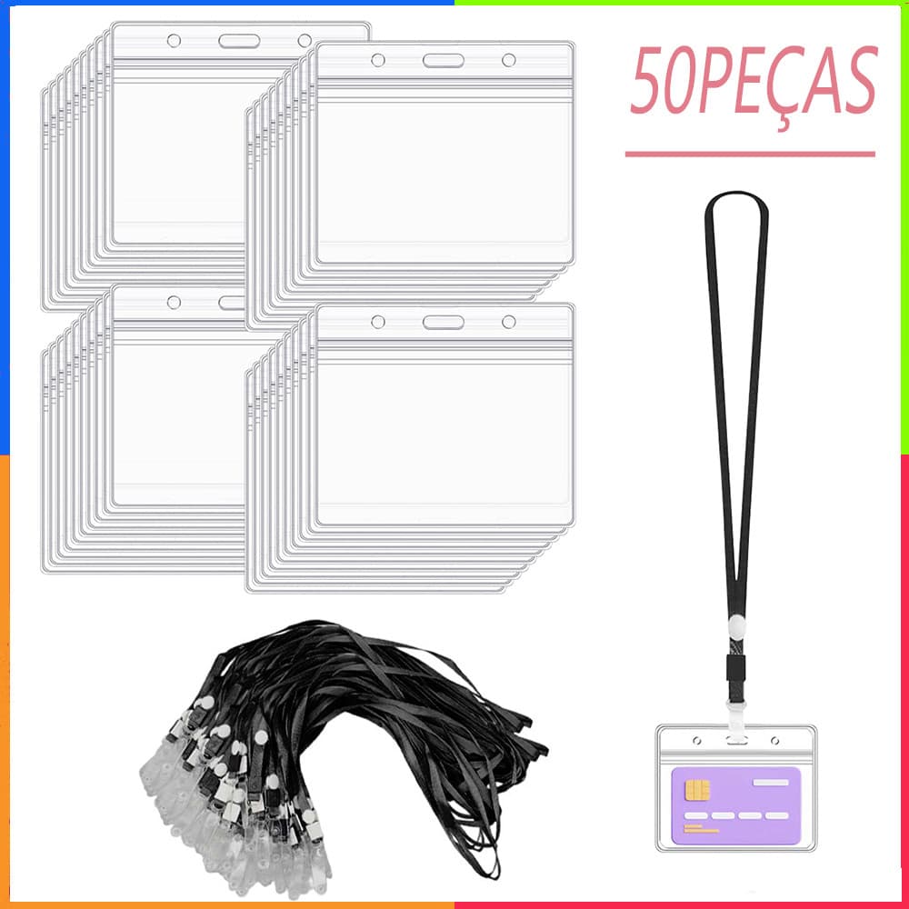 Porta-crachás transparente, conjunto de 50 porta-crachás  com cordão preto