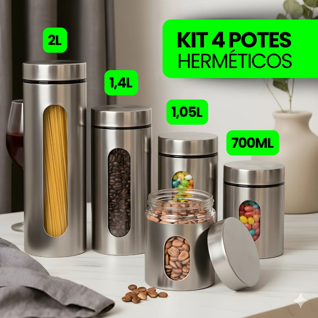 Kit 4 Potes Vidro Hermético Inox Com Visor Mantimentos Cozinha Organizador 700ml 2L
