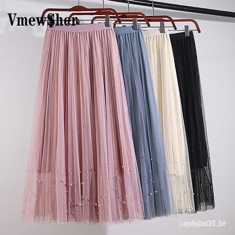 VmiwSher Vintage Tulle Saia com cintura alta Elastic Um Longo Plegued Tutu Bezerro 2023 TJII CV8K KHNE