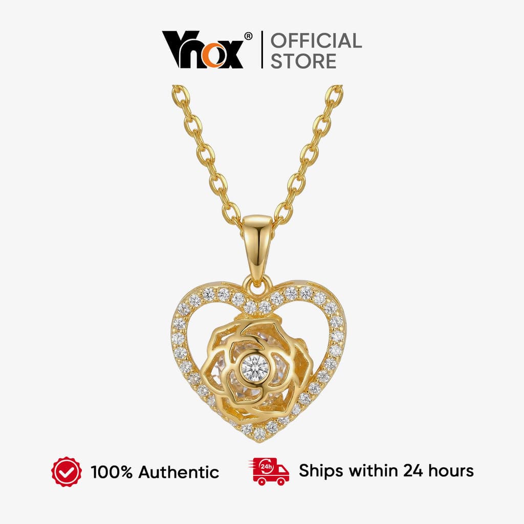 Colar Feminino Vnox com Pingente de Flor em Forma de Coração Rosa, Banhado a Ouro 18K, com Cristal CZ, Acessório de Joal