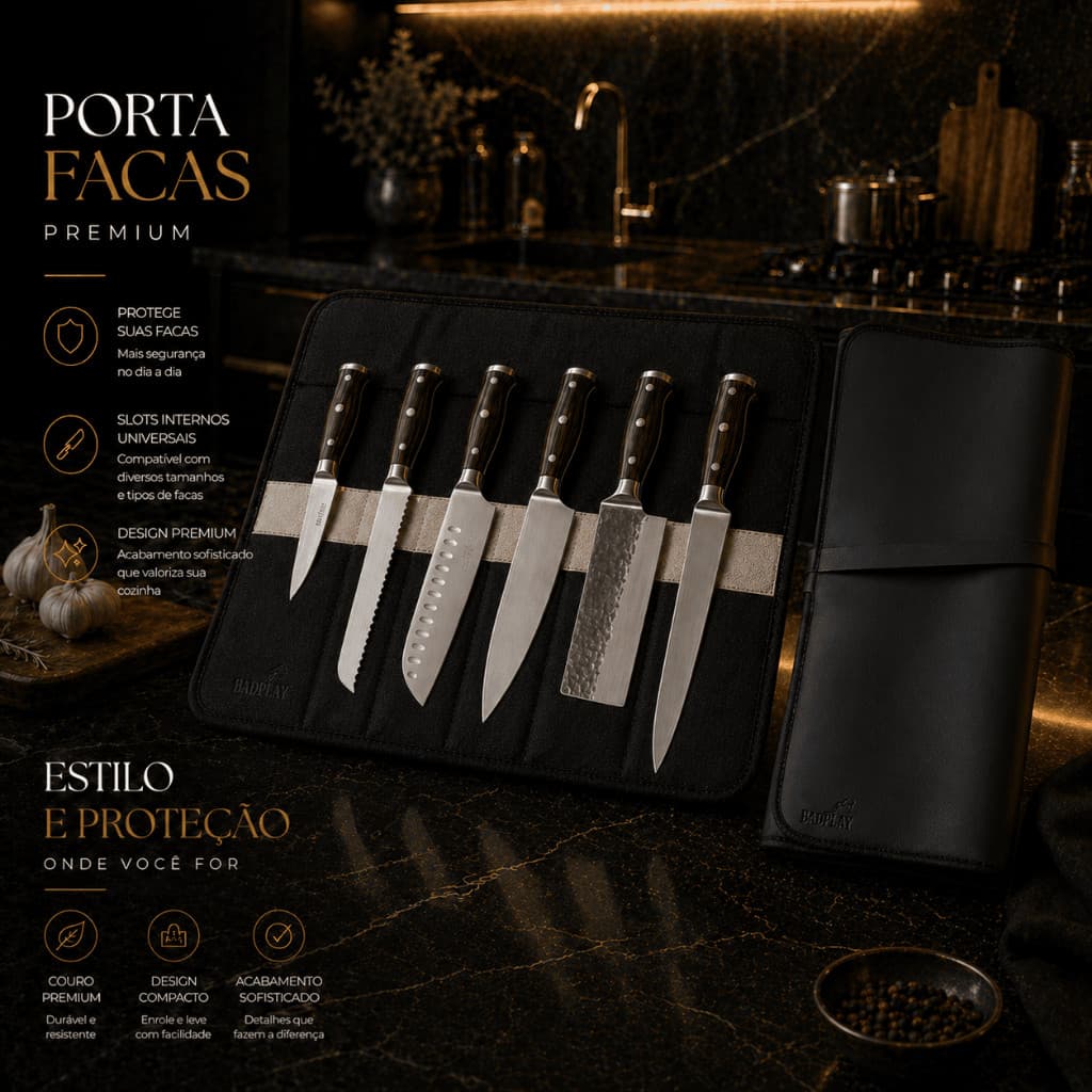 Case Porta Facas 8 Bolsos Couro Ecológico Churrasco Organizador Luxo Resistente Minimalista Premium