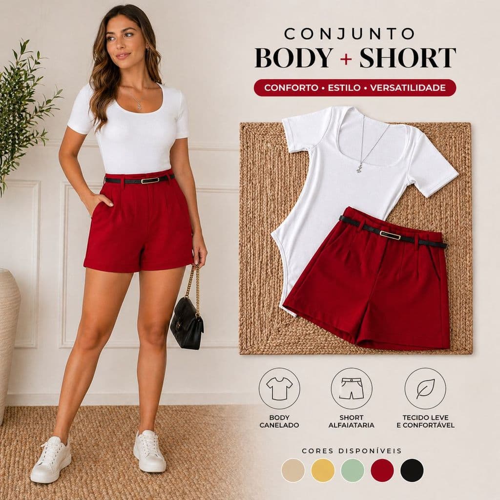 Conjunto Body Gola Quadrada Short Alfaiataria com cinto Moda Blogueira Envio Imediato!!!