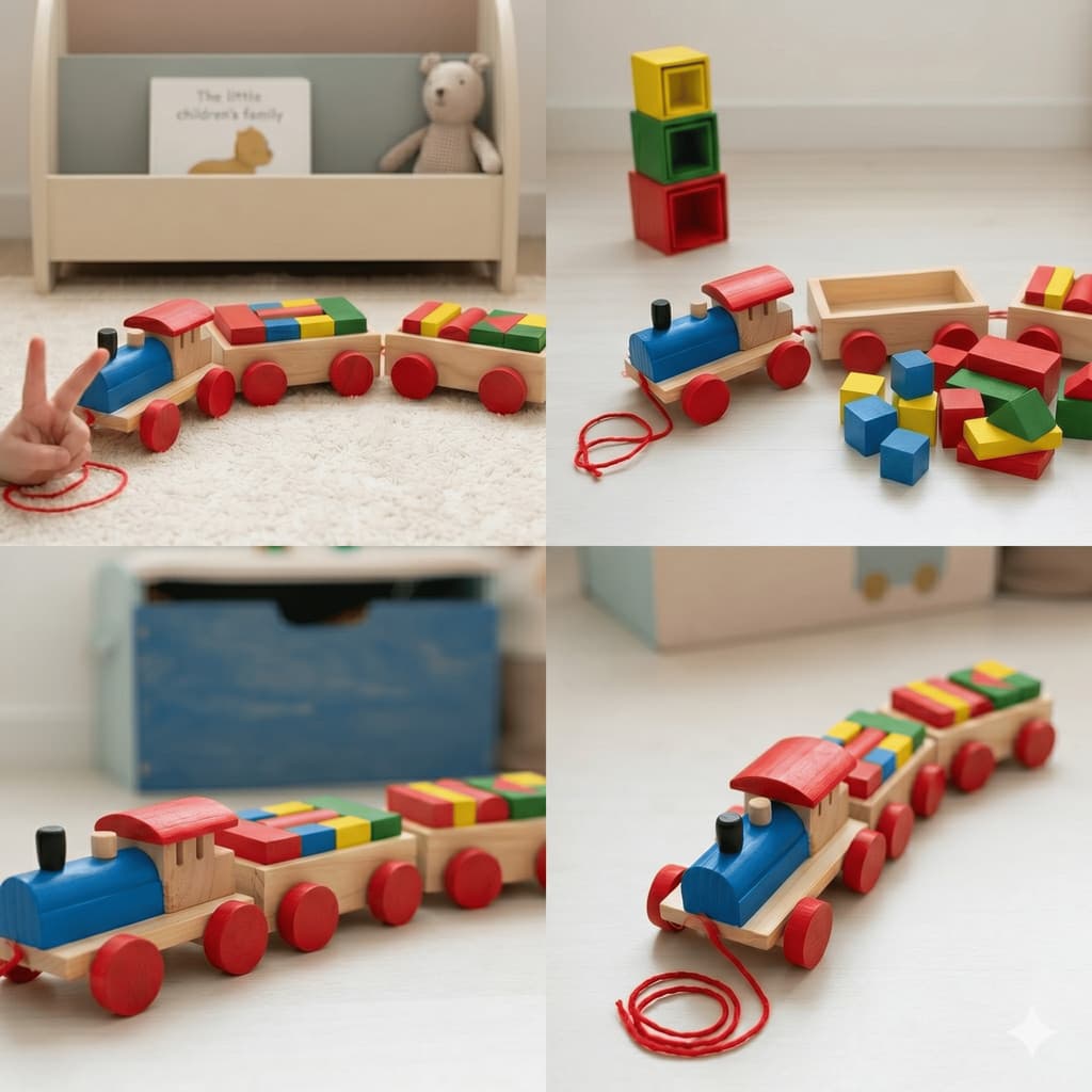 Trem de Madeira Educativo Montessoriano Brinquedo Pedagógico Infantil com 15 Peças de Encaixe
