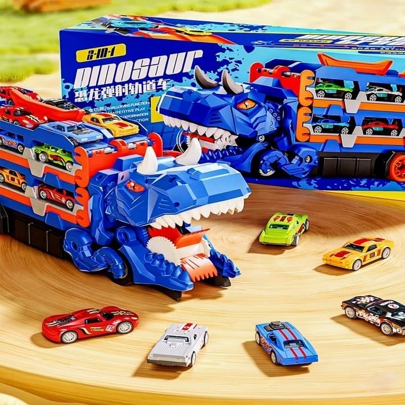 Brinquedo Infantil Dinossauro 4 em 1 com Pista 150cm, Função Engole e Dispara Carrinhos, 6 Carrinhos de Liga Incluídos
