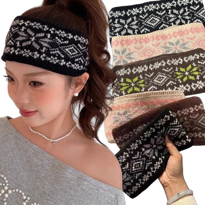 Coreano Macio Quente Malha Bandana Proteção Da Testa Jacquard Ampla Hairband Feminino Meninas Inverno À Prova De Vento E