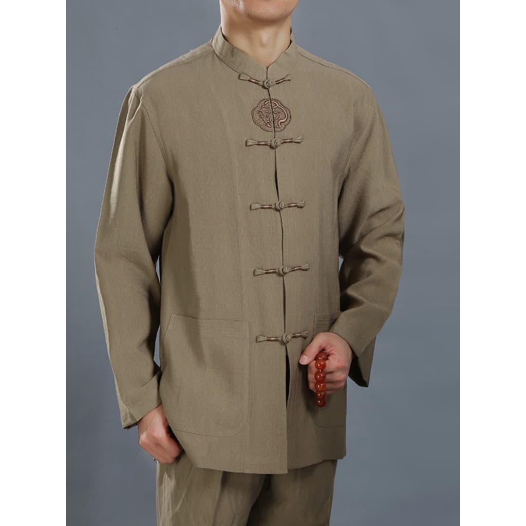 Baifulong masculino Tang terno camisa de manga comprida roupas de primavera roupas étnicas de meia-idade idosos estilo c