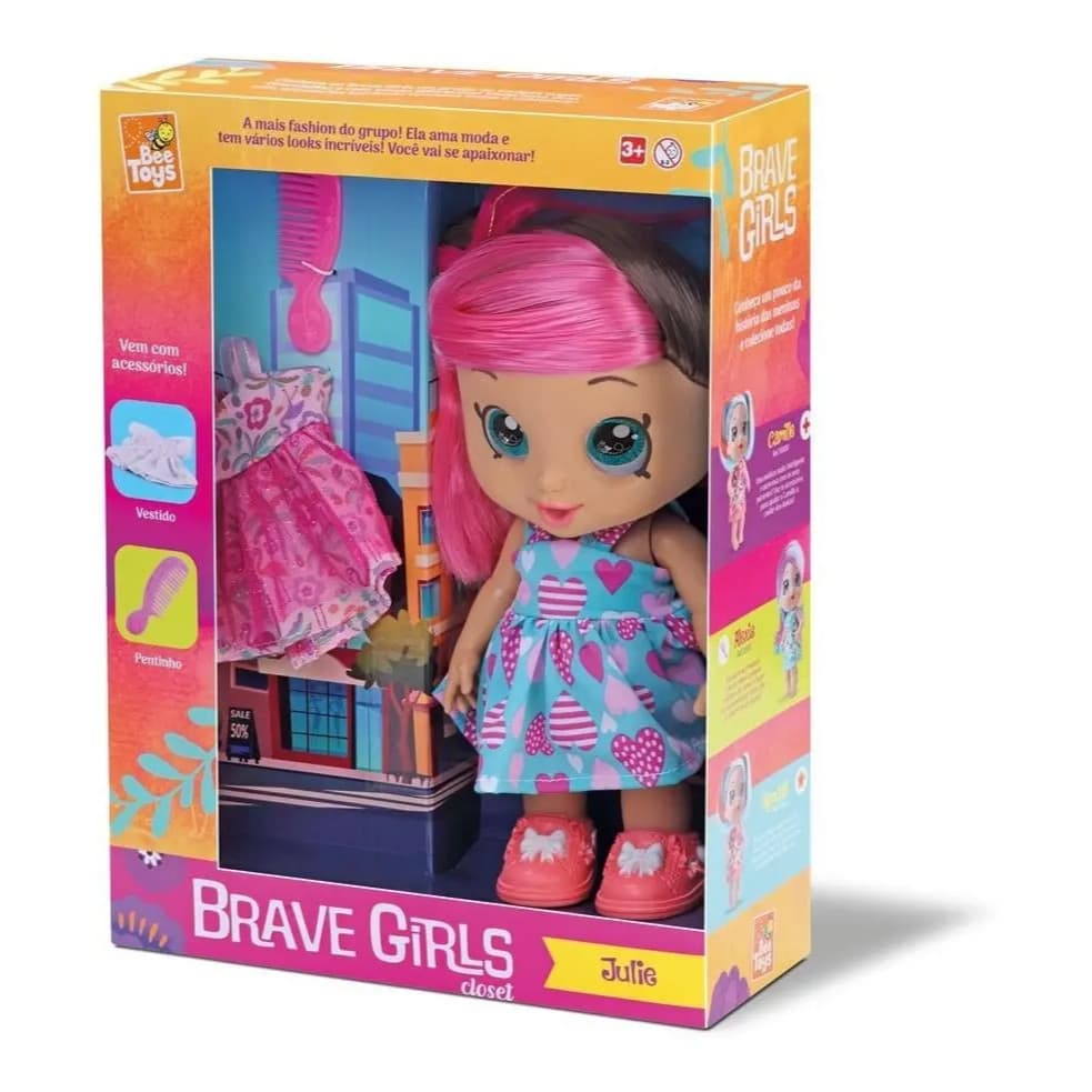 Boneca Julie Closet Brave Girls Bee Toys com Vestido Extra e Pente Infantil Articulada