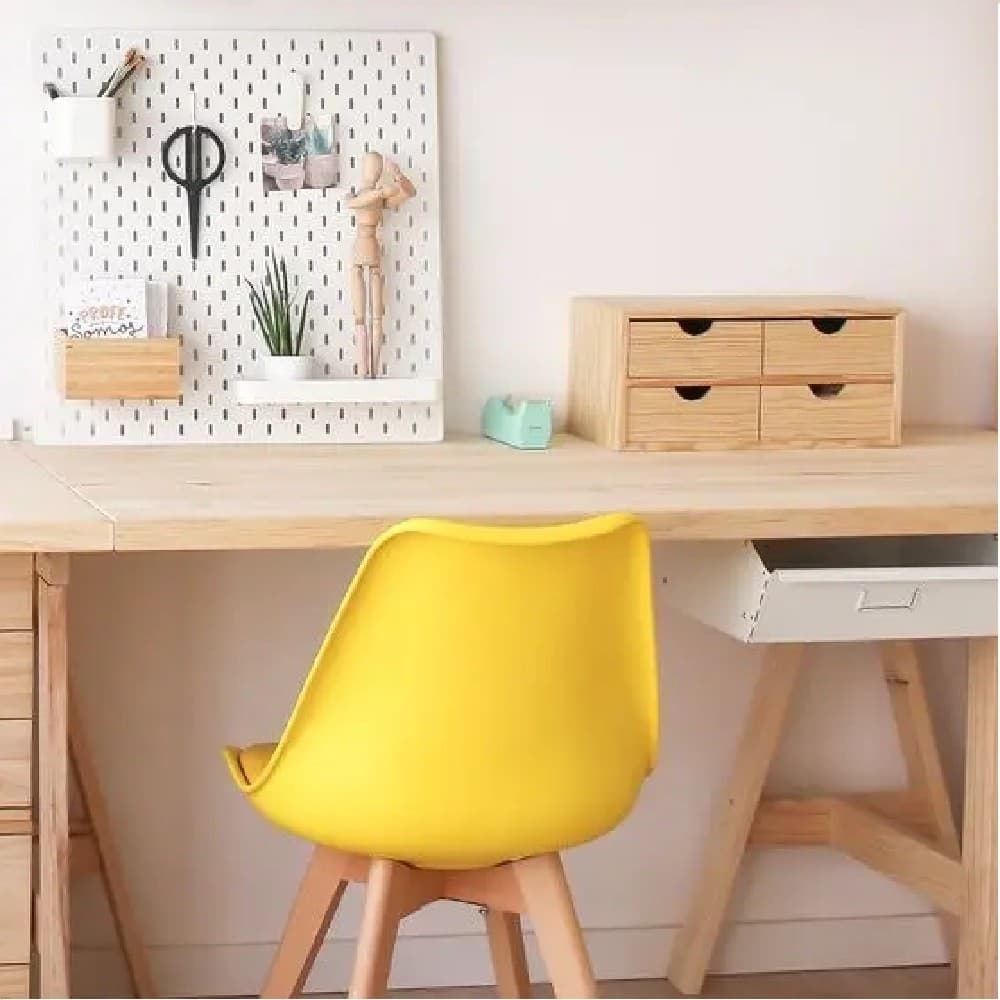Cadeiras Eames Leda CSS Wood Estofada PU Base Madeira Amarelo