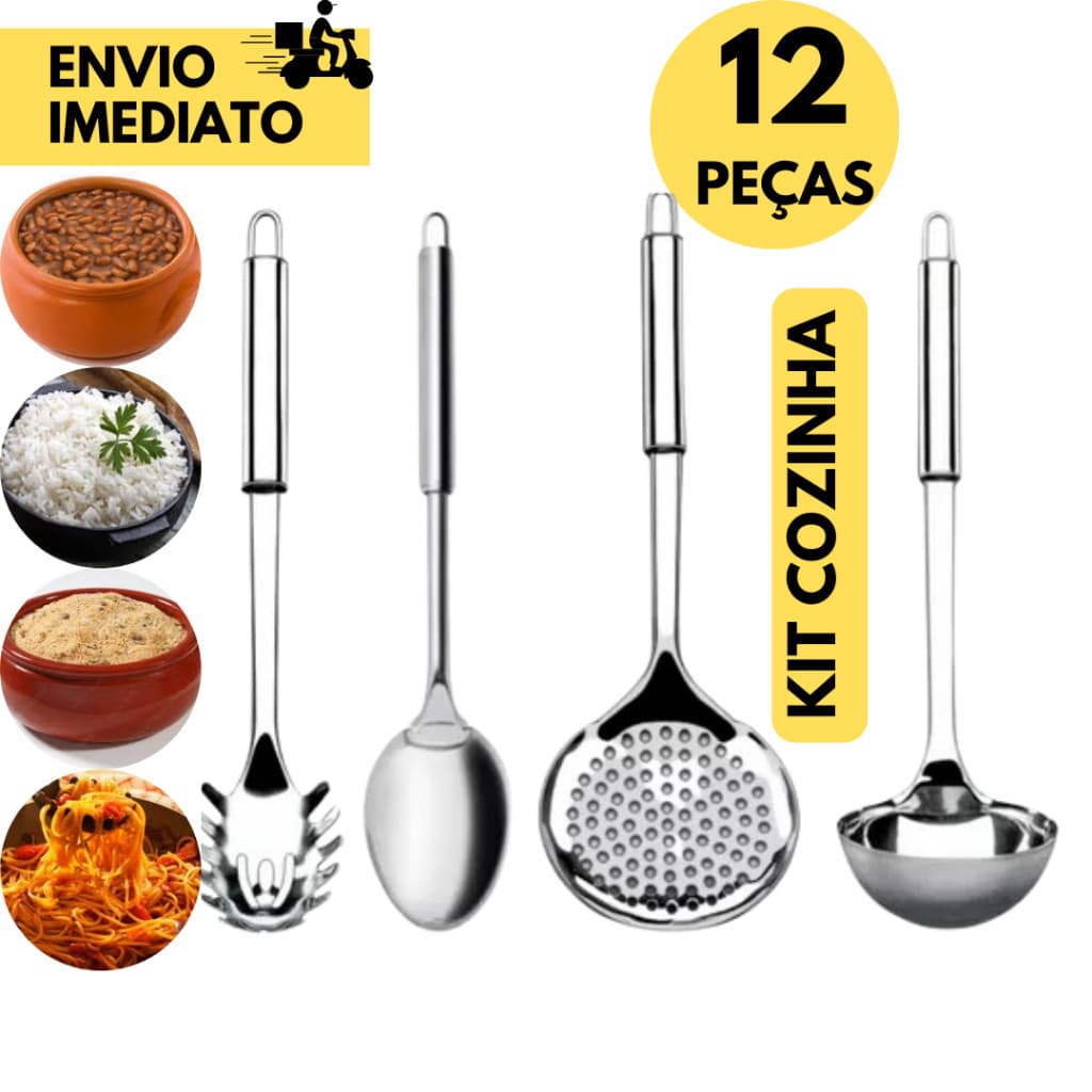 Kit 12 Peças Utensílios para Cozinha em Inox 3 Conchas + 3 Escumasdeira + 3 Pegador de Massas + 3 Colher de Arroz Ideal