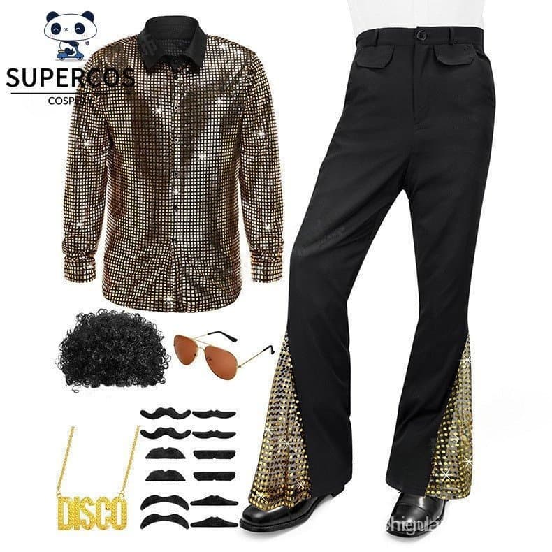 Conjunto de Fantasia Retro Disco Dazzler dos Anos 60 e 70 para Homens, Camisa Metálica de Manga Longa, Hippie, Conjunto
