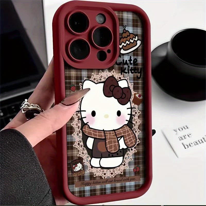 Capa Hello Kitty Original Xadrez Cachecol Renda, Case Inverno Fofa p/ iPhone 16 15 14 13 12 11 Pro Max Plus XR XS 8 7