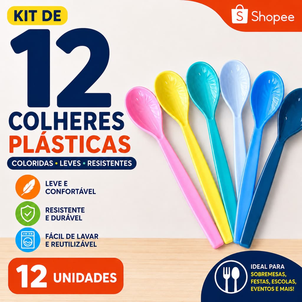 kit 12 colheres plástico merenda escolar infantil idoso colorido resistente sobremesa sorvete almoço
