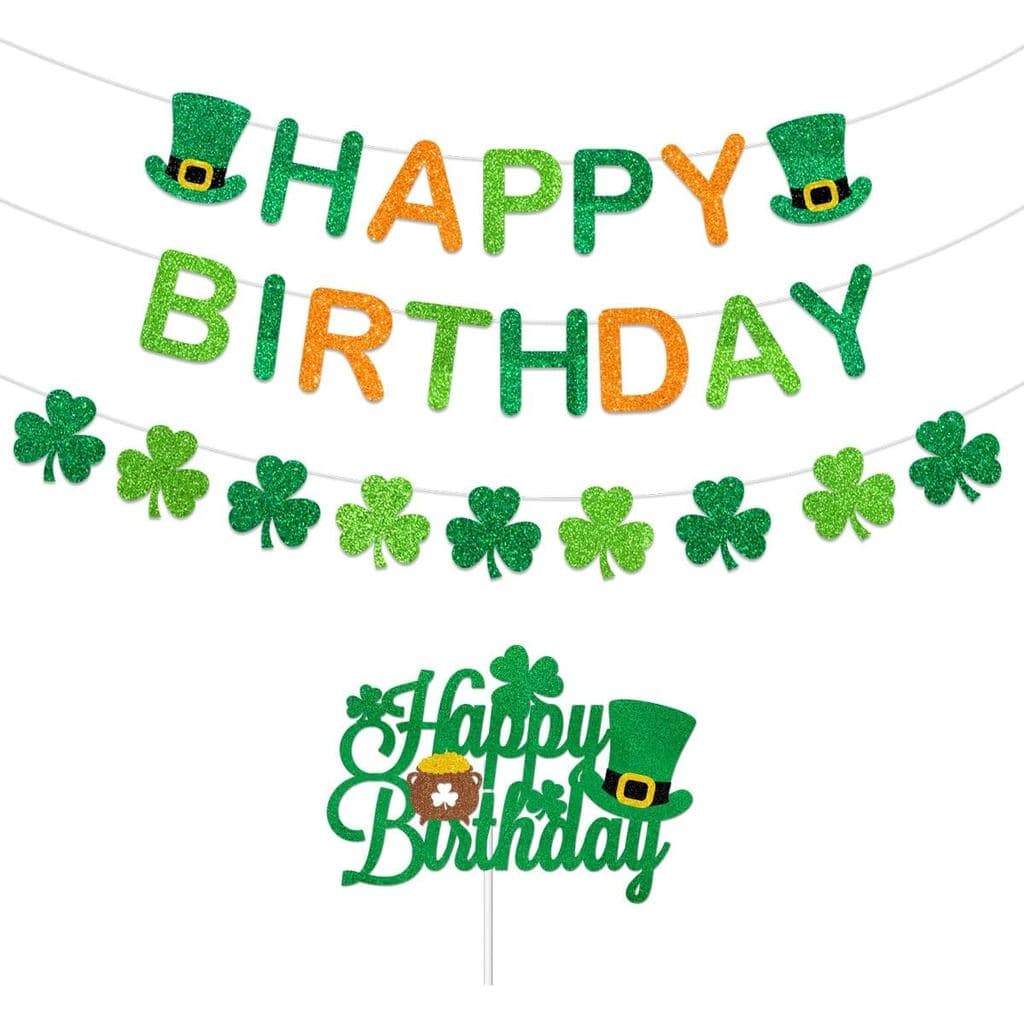 St. Patricks Day Happy Birthday Banner, Irish Themed Happy Birthday Celebrations Decorations Glitter Letter Green Orange