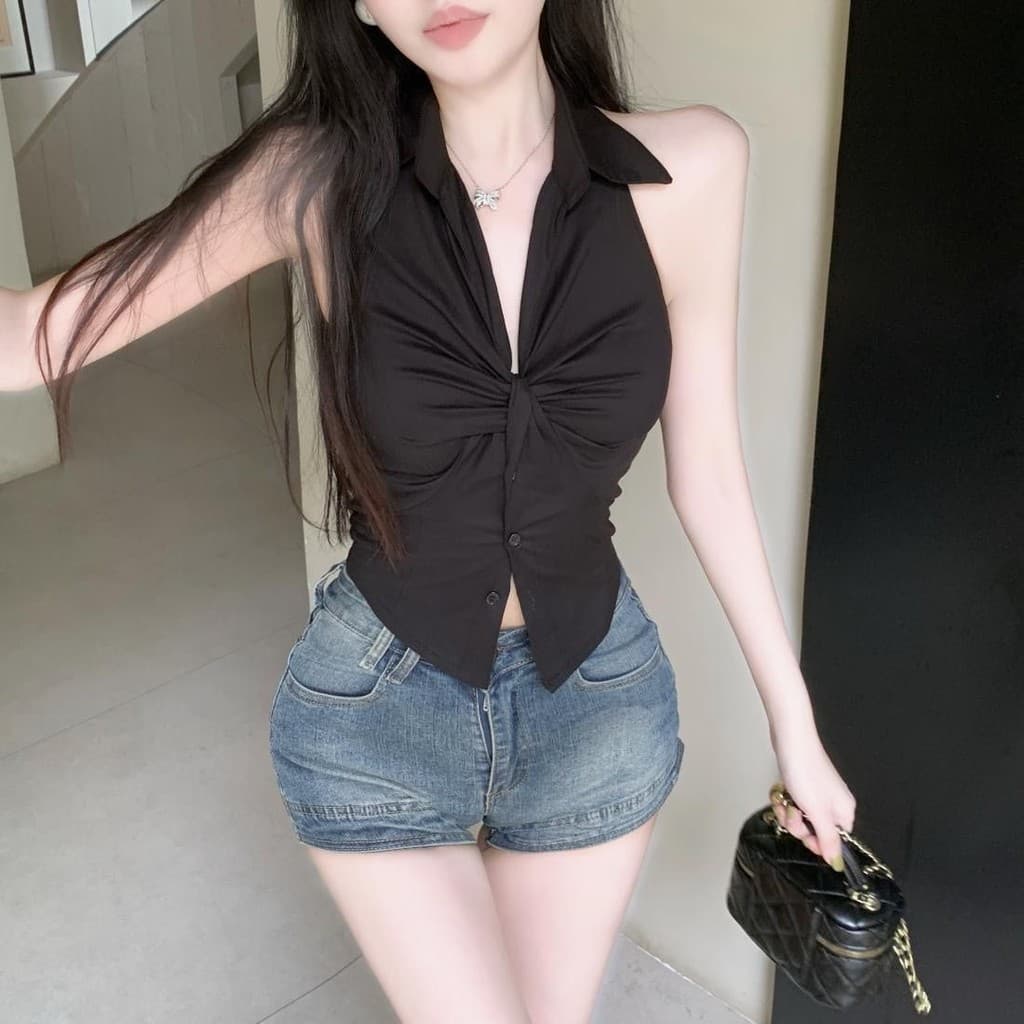 Elegante celebridade atada sem mangas camisa feminina Design Halter cruz topo verão único mais magro olhar camisa