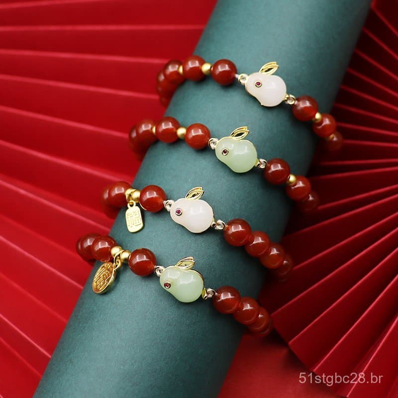 Pulseira de Jade Ágata Vermelha com Coelho para Mulheres, Pulseira da Sorte com Coelho, Ano do Coelho, Pulseira Vermelha