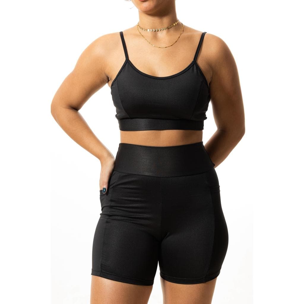 CONJUNTO FEMININO FITNESS SHORT COM BOLSO E TOP REGULAGEM SUPLEX PREMIUM ZERO TRANSPARÊNCIA