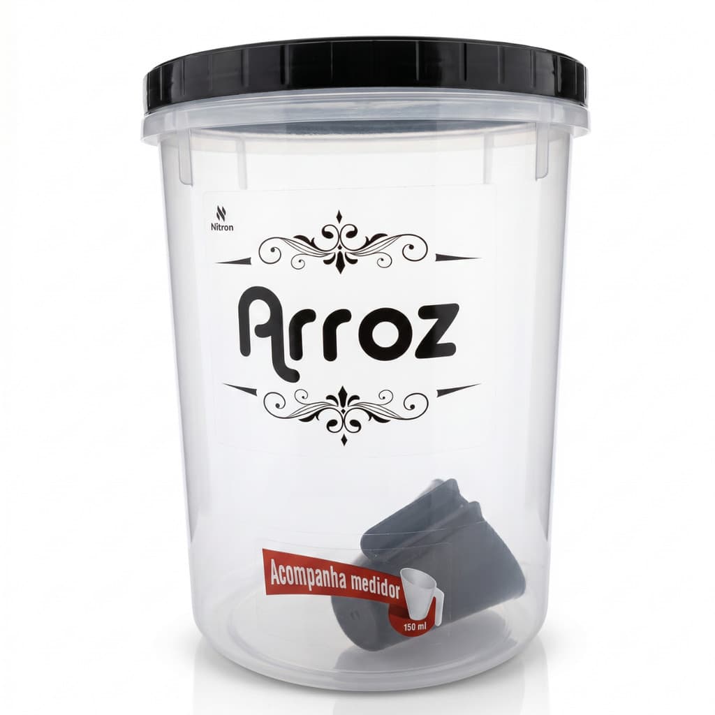 Pote Arroz 5,8L com Rosca Medidor Preto Organizador Cozinha Nitron Grãos
