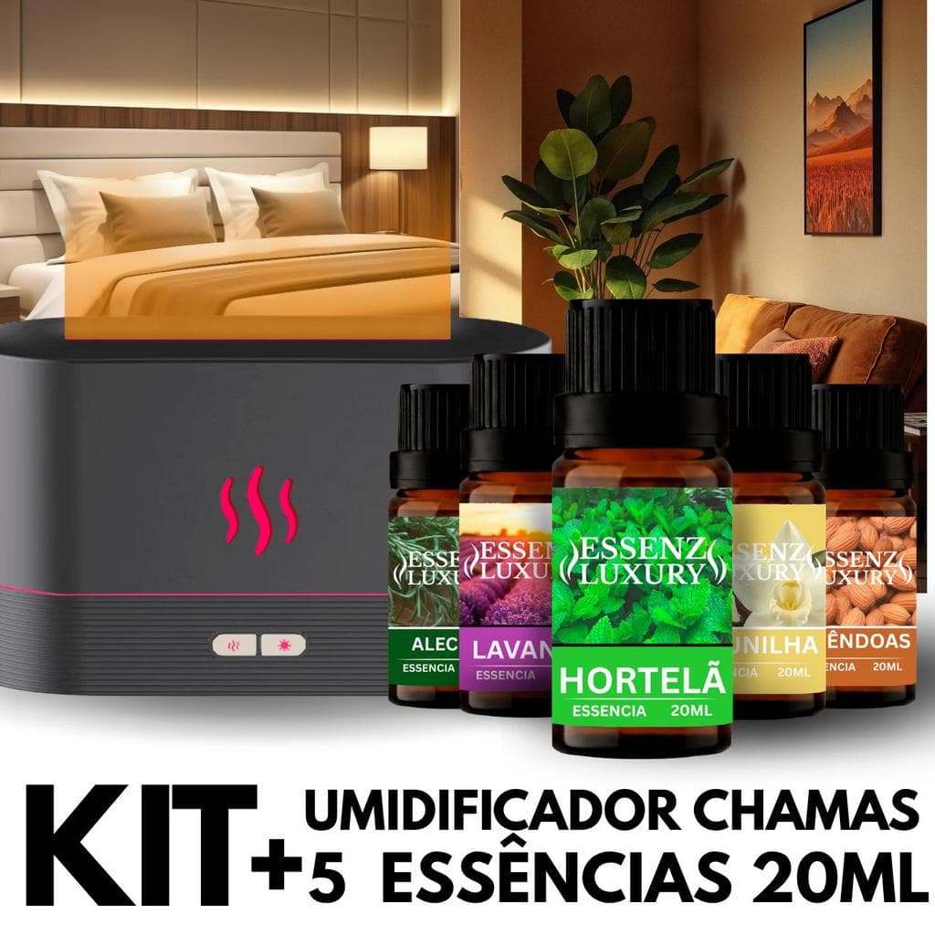 KIT Difusor/Umidificador CHAMAS Aromatizador Led Rgb + 5 Essências Hidrossolúveis de 20ml, Type-C