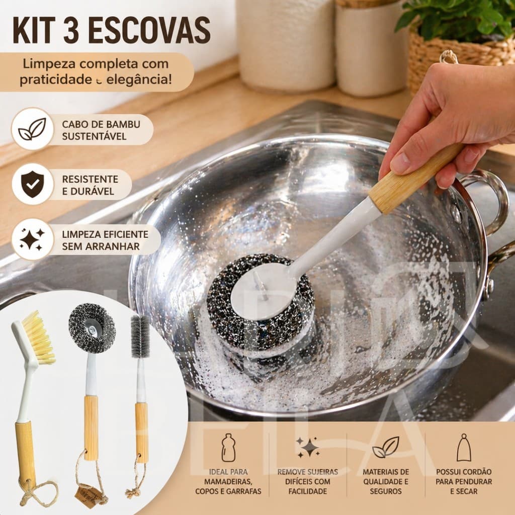 Kit 3 Escovas Limpeza Garrafa Copo Mamadeira Com Cabo Bambu Multiuso Resistente Cozinha