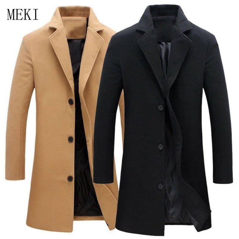 Casaco Longo Masculino Elegante de Lã com Lapela em Cor Sólida para Primavera e Outono H642