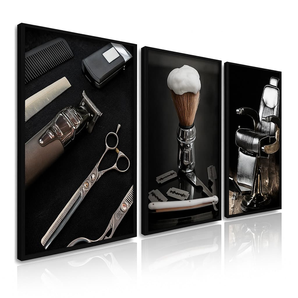 Kit 3 Quadros Decorativos Luxo Barbearia Barber Cabelo 60x40