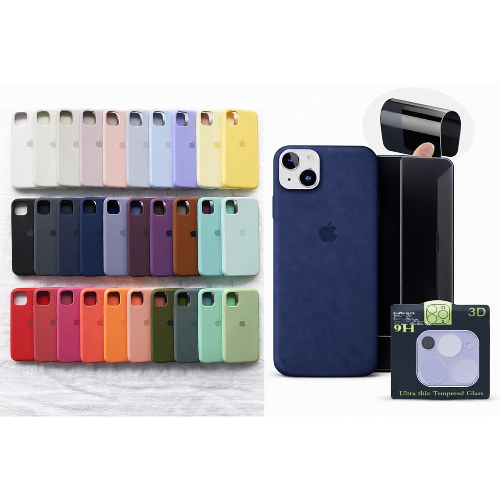 Case Silicone Colorida iPhone  11 12 13 14 15 16 17 Pro Max + Película Cerâmica Privacidade 3D + Lente Câmera