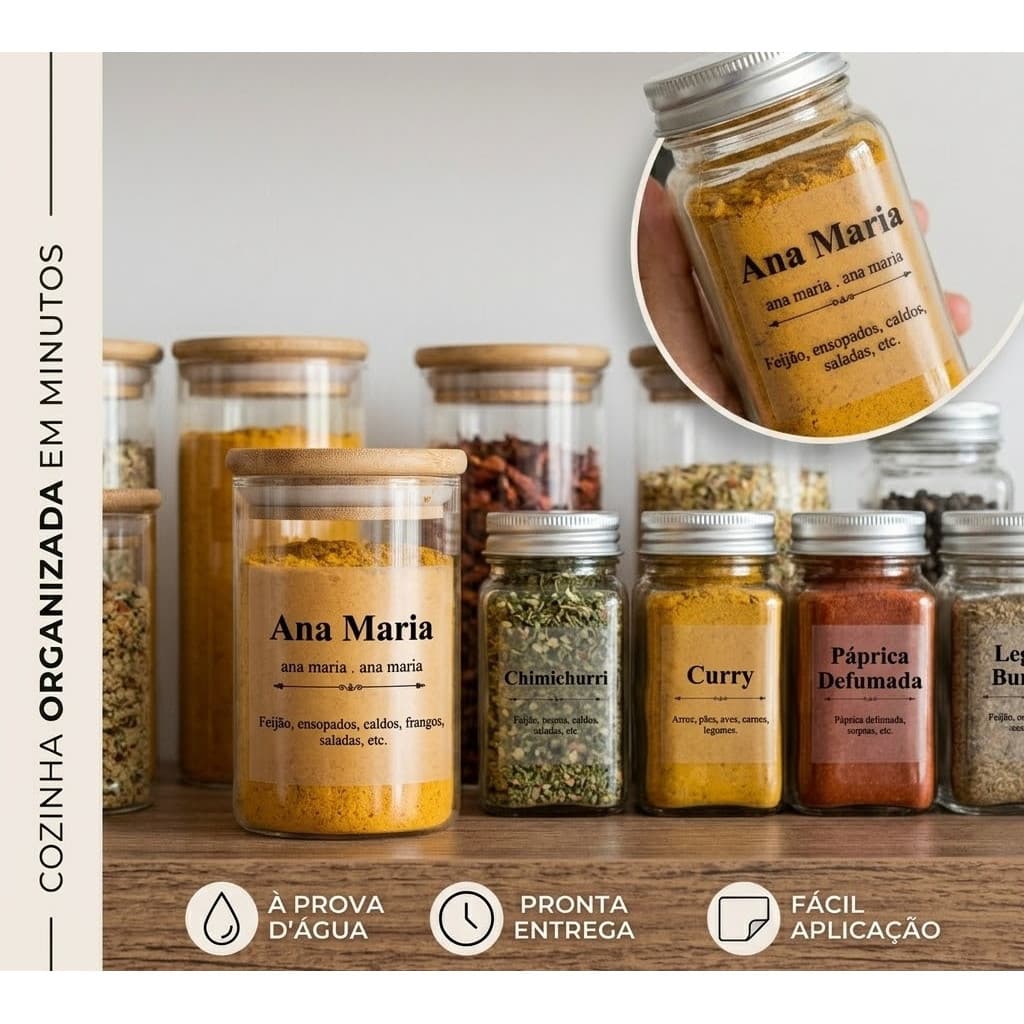 Etiquetas Organização Cozinha Gourmet Kit 48 Nomes Vinil À Prova D'água