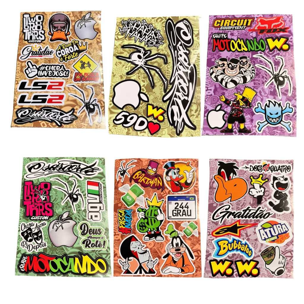 Kit 6 Cartelas Adesivos Carro Moto Caminhão Bike Cross Noteb