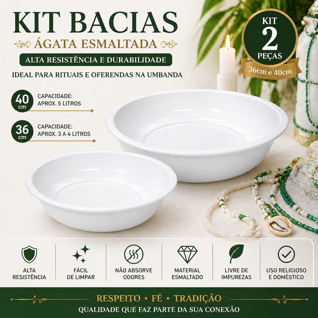 Kit 2 Bacias Ágata Esmaltada 40cm 36cm Umbanda Rituais Oferendas Banhos Espirituais Alta Resistência