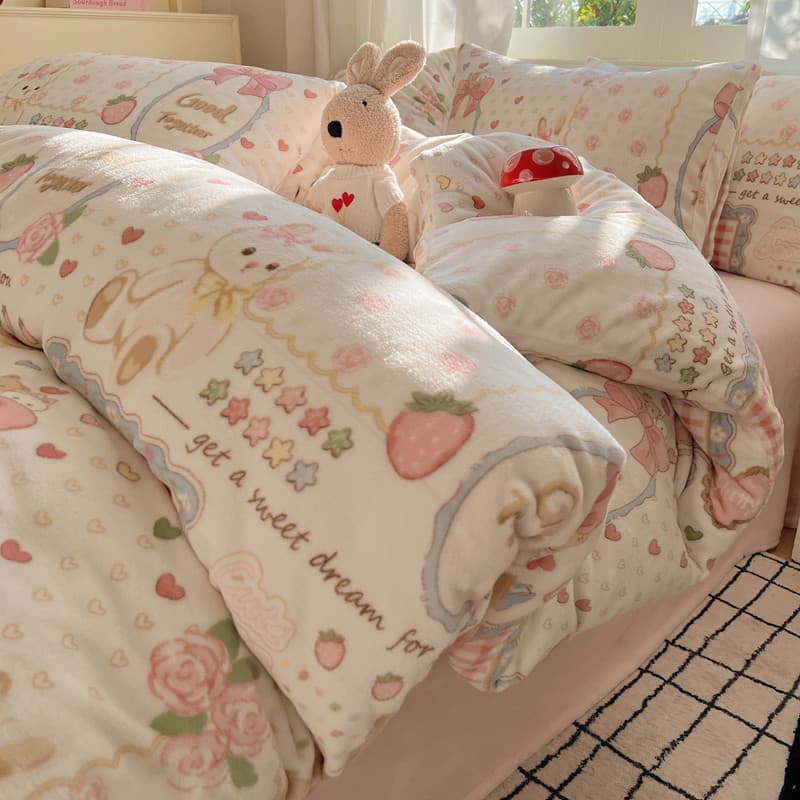 Inverno engrossado leite velo conjunto de quatro peças dos desenhos animados velo pele-amigável colcha capa cama Coral v