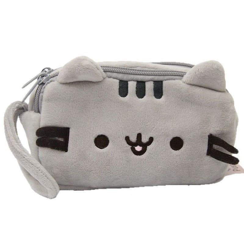 Estojo de lápis de gato cinza de desenho animado de duas camadas, Design de rosto sorridente, estojo grande SE6X