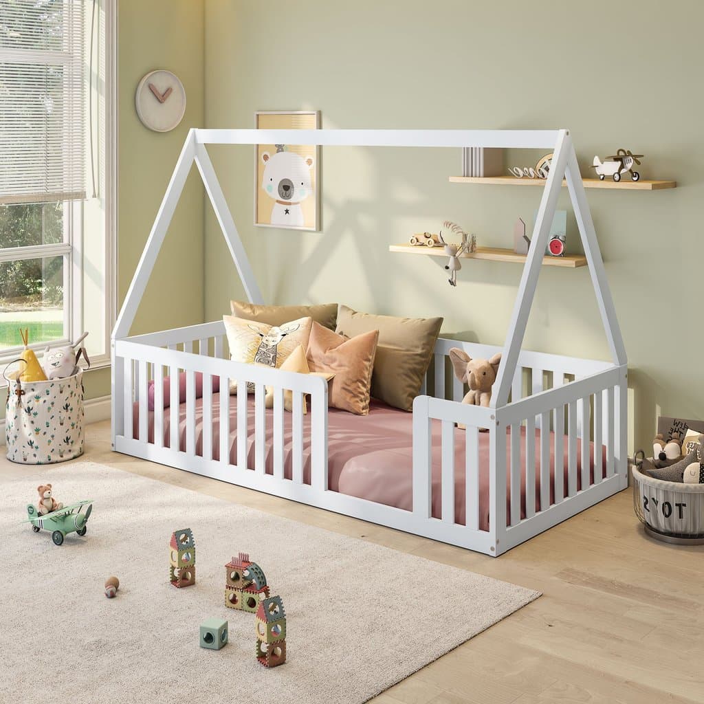 Cama Montessoriana Solteiro com Grade e Telhado Giulia Casatema MadeiraOriginals Branco Branco