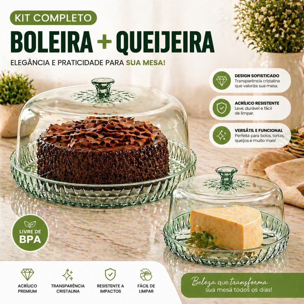 Kit 2 peças Boleira + Queijeira Glamour Acrílico Verde Plasútil