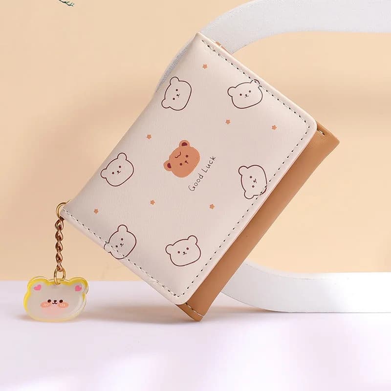 Carteira Pequena Feminina com Estampa de Urso de Desenho Animado, Versão Coreana, Carteira Tripla para Estudantes, Moda