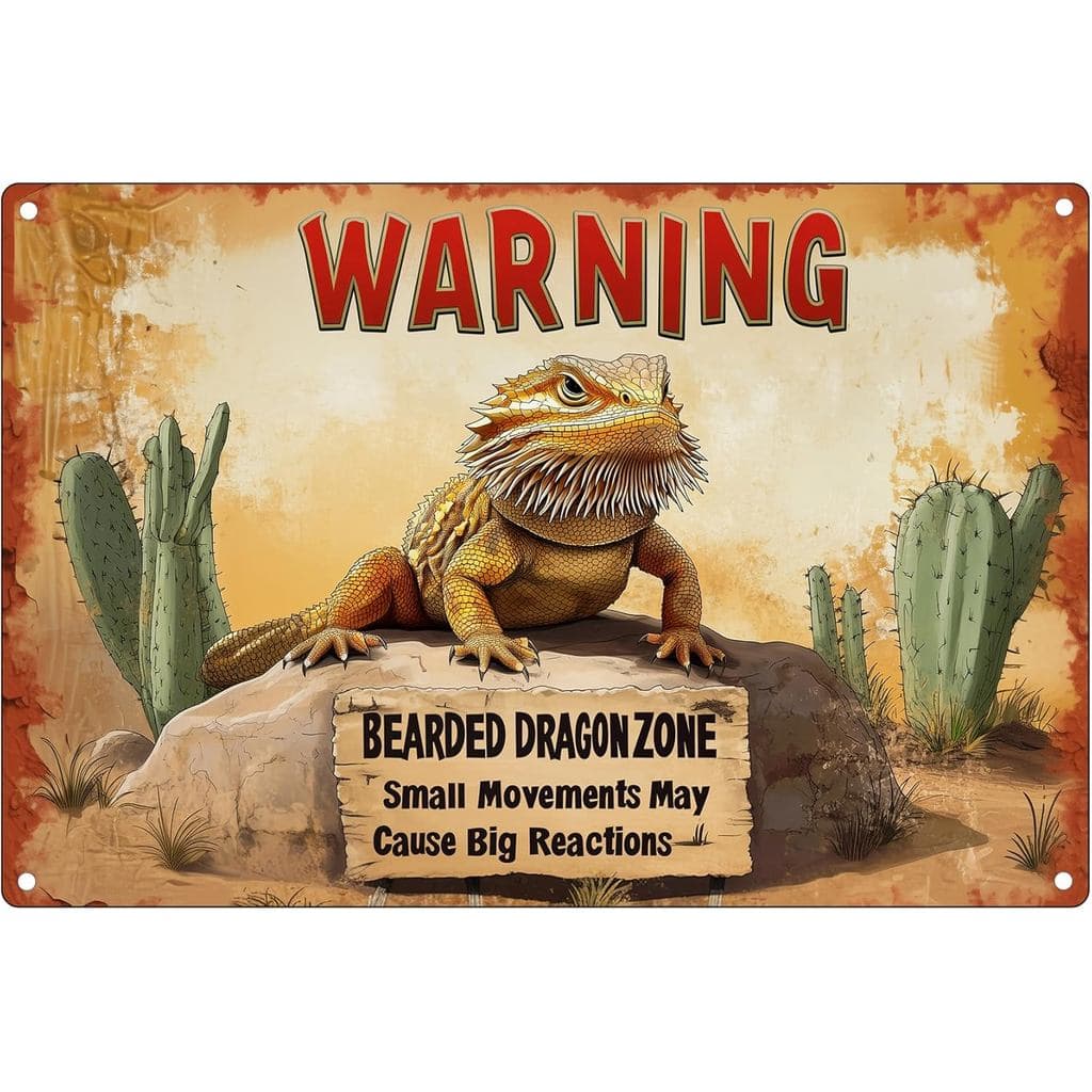 Placa de Dragão Barbudo – Aviso “Pequenos Movimentos Podem Causar Grandes Reações” Placa de Metal para Répteis 12x8 Pole