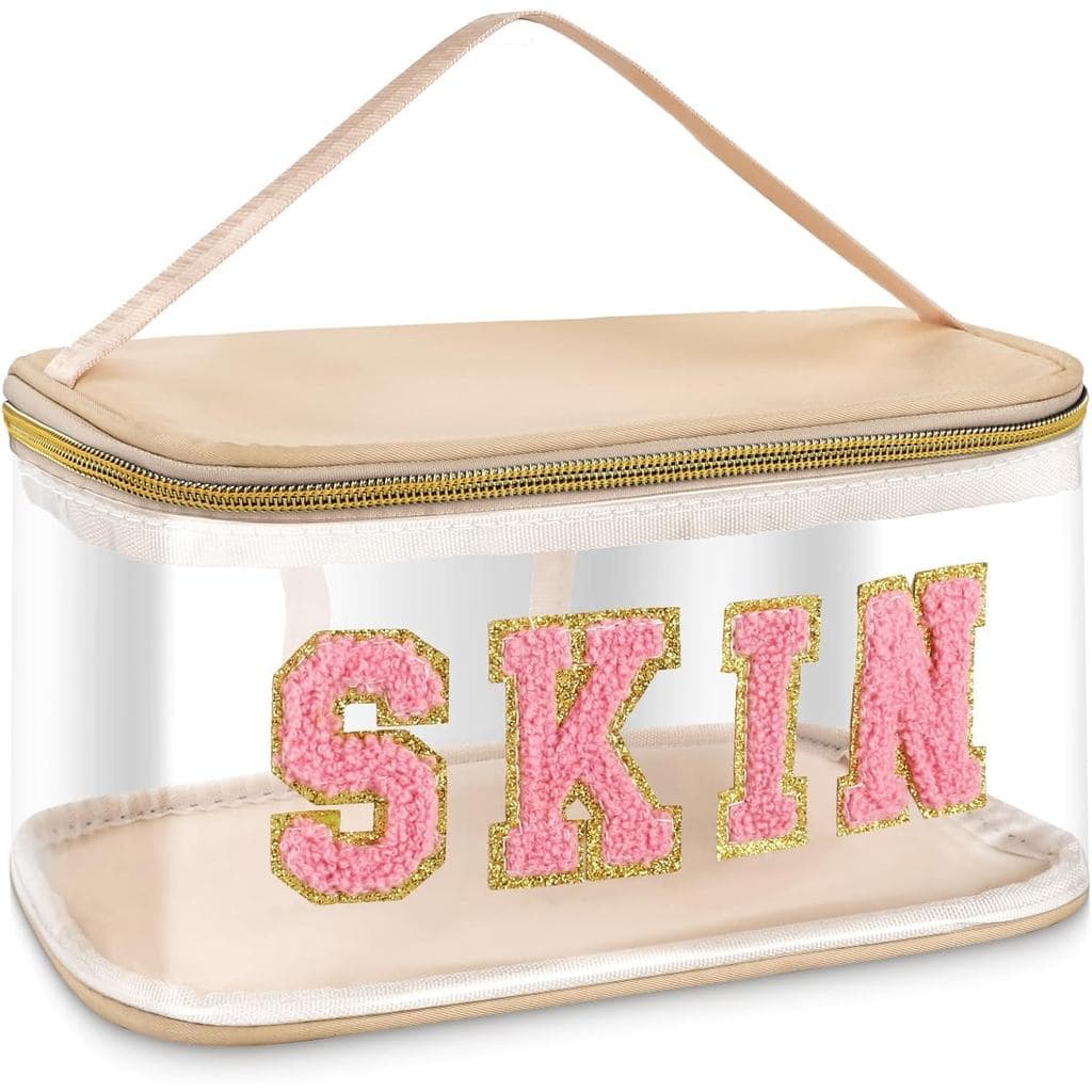 Chenille Letter Skin Organizer Storage Bag, Preppy Nylon&PVC Makeup Treavling Toiletry Box, Multipurpose Clear Toiletry