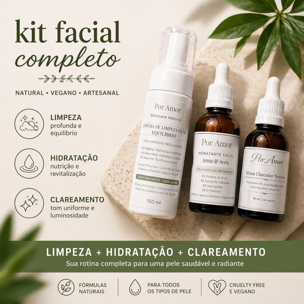 Kit Skincare Facial Completo – Sabonete + Hidratante + Sérum Clareador Manchas Melasma
