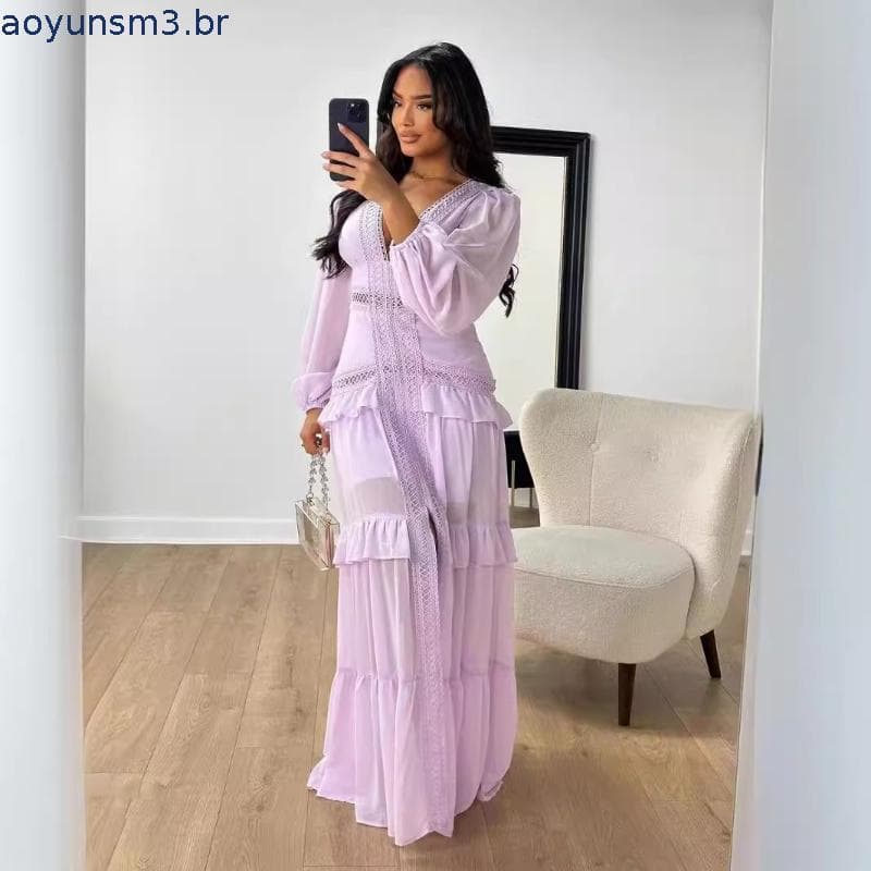 Cross-Border 2025 outono inverno temperamento elegante costura manga comprida com decote em V vestido feminino
